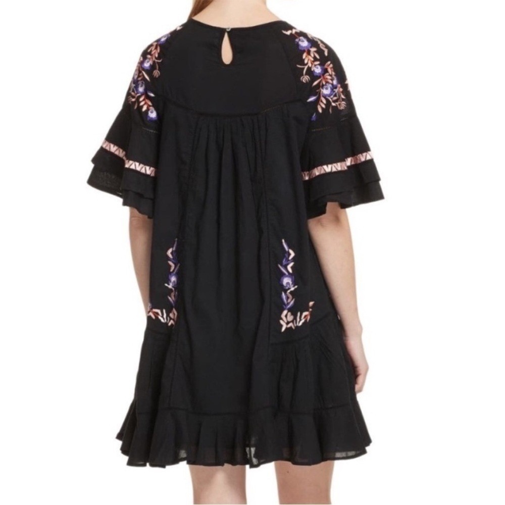 Free People Black‎ Floral Embroidered Mini Dress Boho Ruffle Bell Sleeve Pintuck - Picture 2 of 16